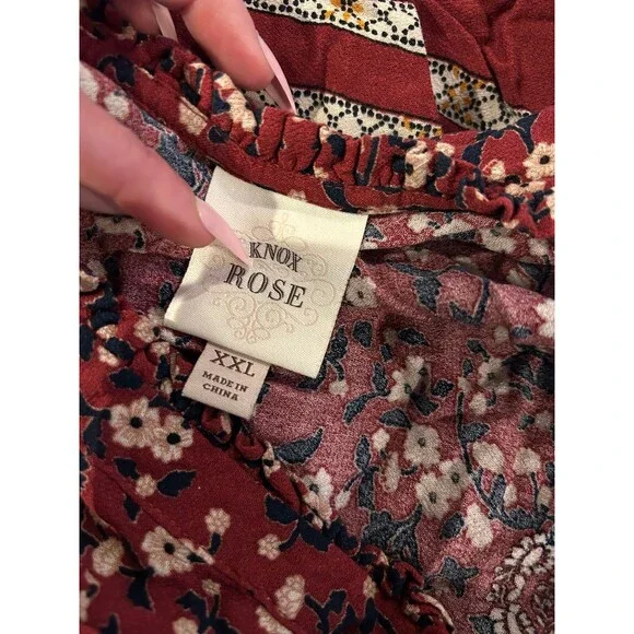 Knox Rose boho top flowy floral print half trumpet sleeves SZ XL burgundy/maroon - Picture 2 of 4